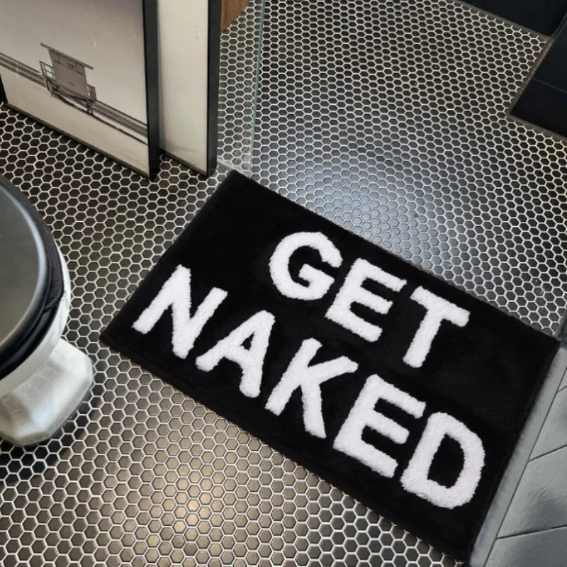 🛁 Get Naked Badezimmerteppich – Schwarz-Weiß Runner | Lustige & stylische Badematte